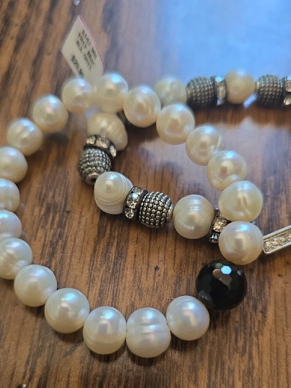 NWT Pearl Bead Stretch Bracelet Set with Cross Accent - White and Silver
